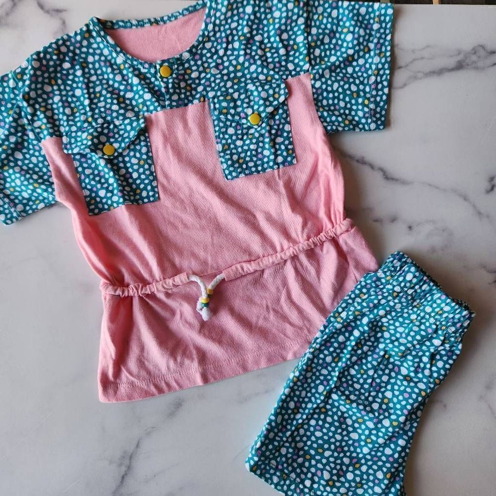 French 80's retro set top & polka dot shorts confetti pink teal girls size 5-6 F